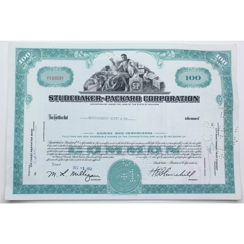 1958 Studebaker-Packard Corporation Stock Certificate - Y199591 - 100 Shares