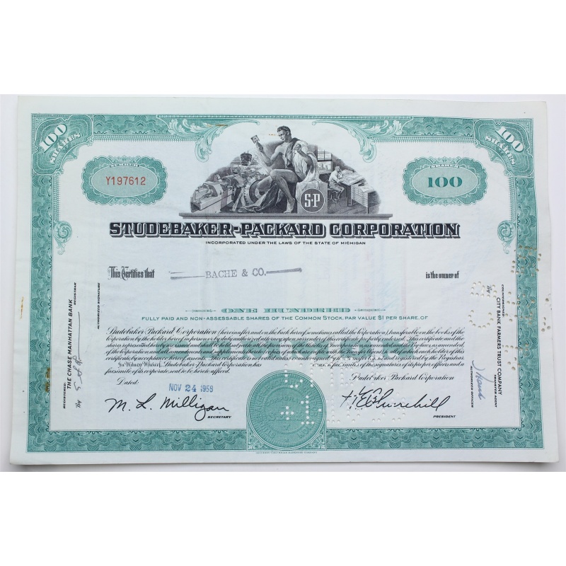 1958 Studebaker-Packard Corporation Stock Certificate - Y197612 - 100 Shares