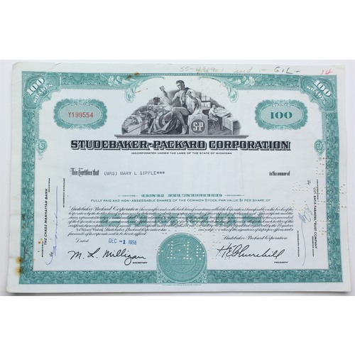 1958 Studebaker-Packard Corporation Stock Certificate - Y199554 - 100 Shares
