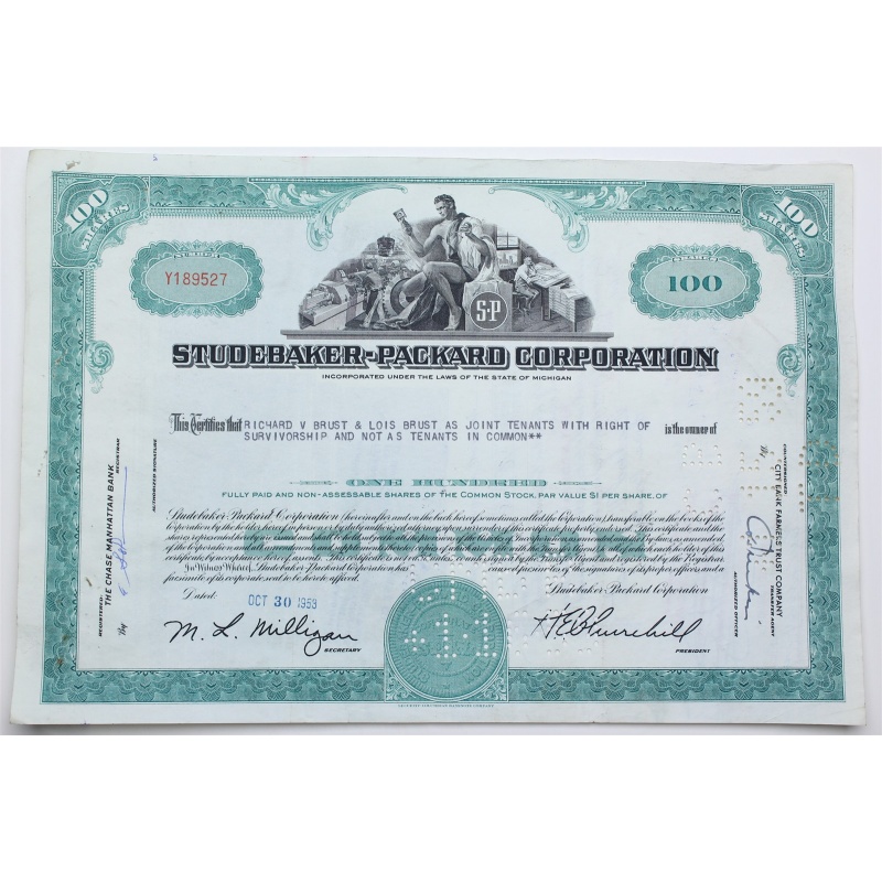 1958 Studebaker-Packard Corporation Stock Certificate - Y189527 - 100 Shares