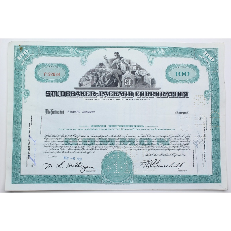 1958 Studebaker-Packard Corporation Stock Certificate - Y192834 - 100 Shares
