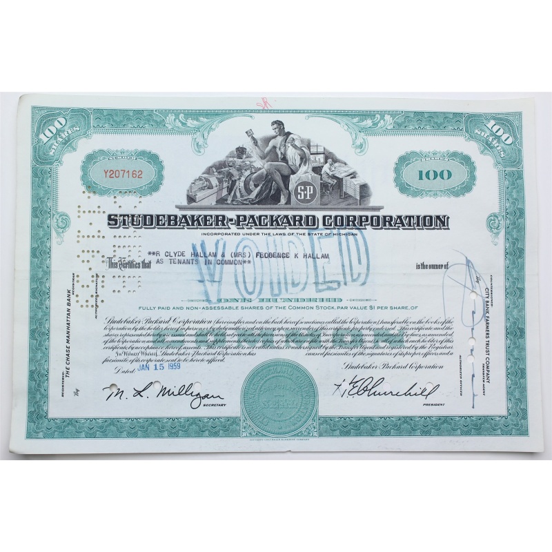 1959 Studebaker-Packard Corporation Stock Certificate - Y207162 - 100 Shares