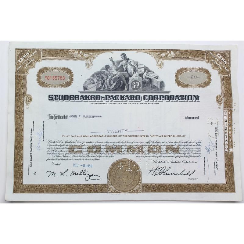 1958 Studebaker-Packard Corporation Stock Certificate - Y0155783 - 20 Shares