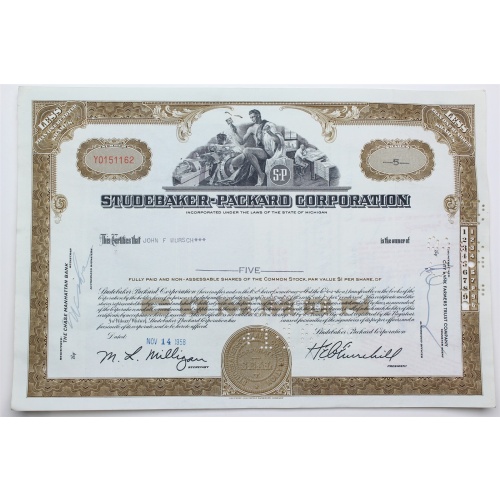1958 Studebaker-Packard Corporation Stock Certificate - Y0151162 - 5 Shares