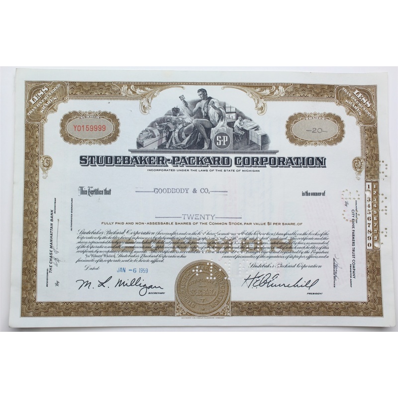 1959 Studebaker-Packard Corporation Stock Certificate - Y0159999 - 20 Shares