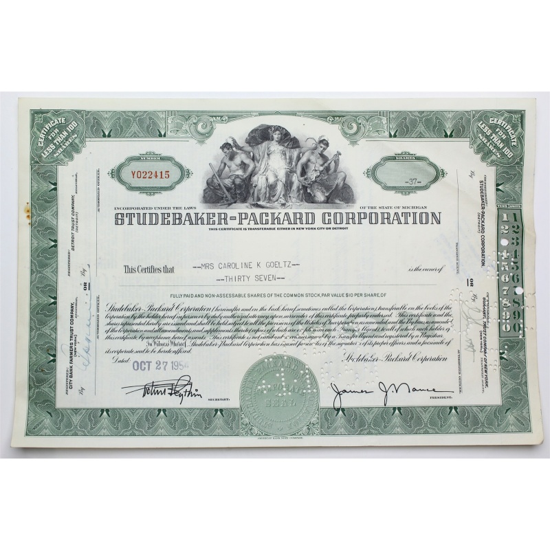 1954 Studebaker-Packard Corporation Stock Certificate - Y022415 - 37 Shares