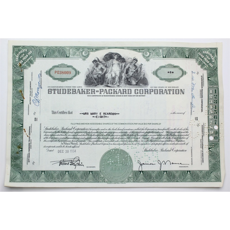 1954 Studebaker-Packard Corporation Stock Certificate - P038009 - 8 Shares