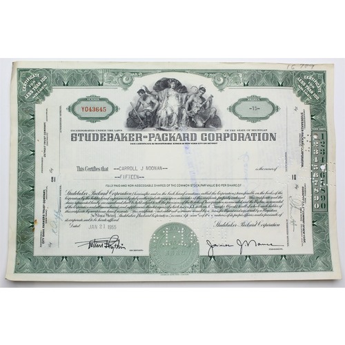1955 Studebaker-Packard Corporation Stock Certificate - Y043645 - 15 Shares