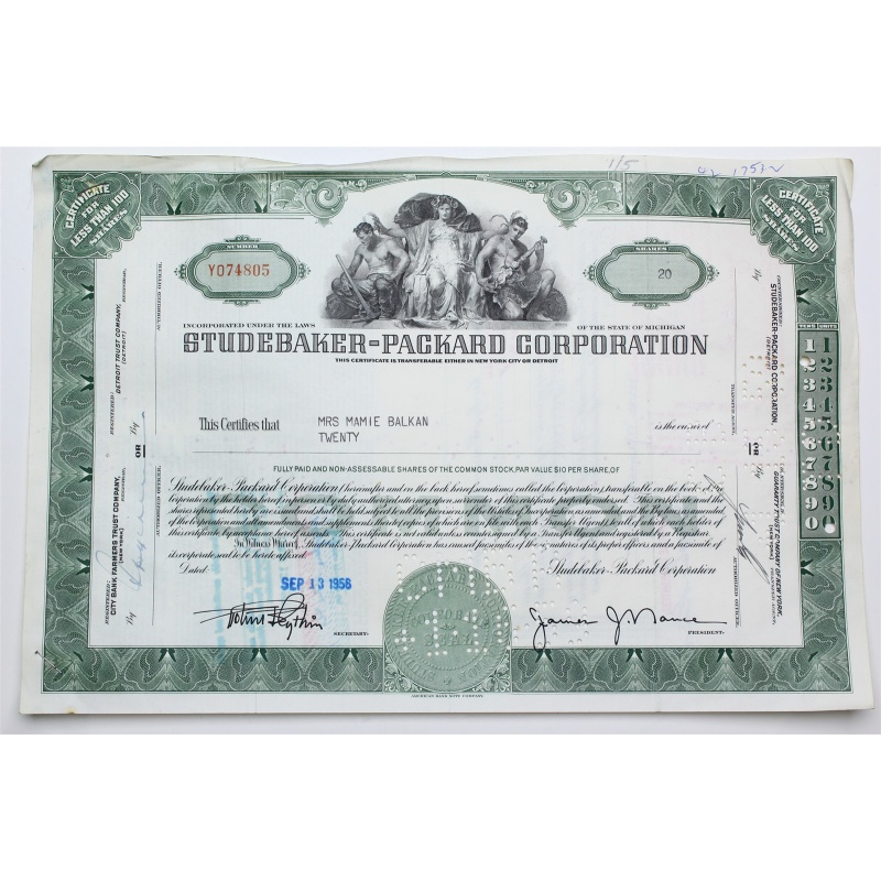1956 Studebaker-Packard Corporation Stock Certificate - Y074805 - 20 Shares