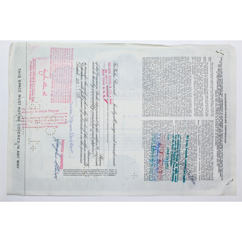 1956 Studebaker-Packard Corporation Stock Certificate - Y074805 - 20 Shares