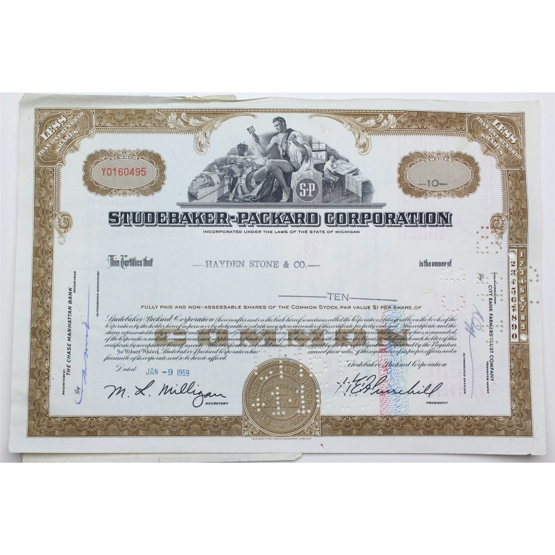 1959 Studebaker-Packard Corporation Stock Certificate - Y0160495 - 10 Shares