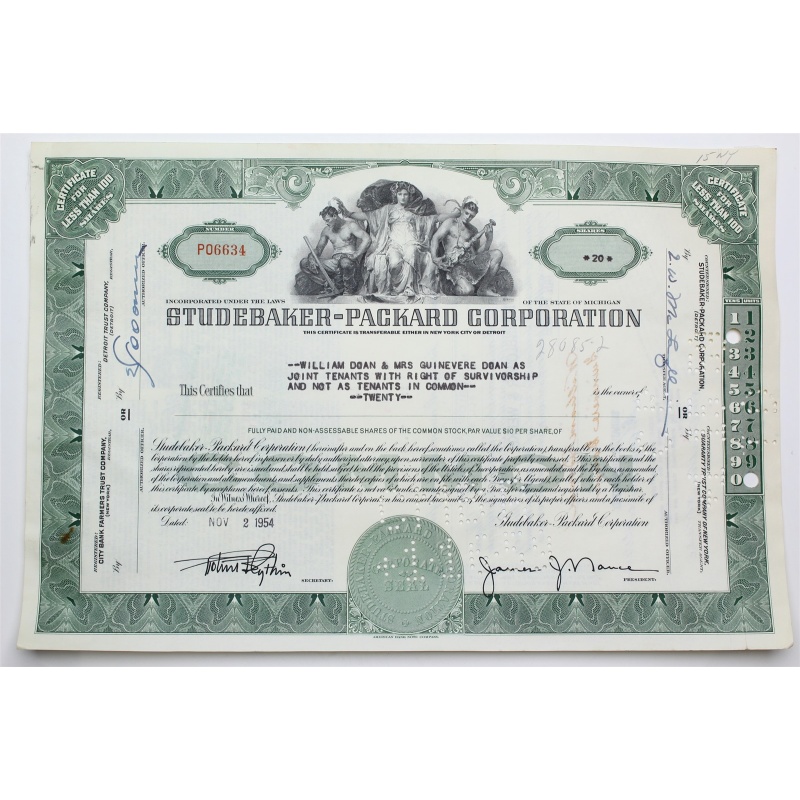 1954 Studebaker-Packard Corporation Stock Certificate - P06634 - 20 Shares