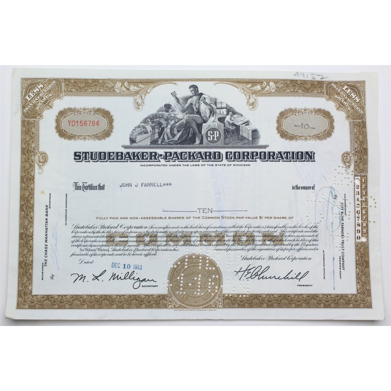 1958 Studebaker-Packard Corporation Stock Certificate - Y0156784 - 10 Shares