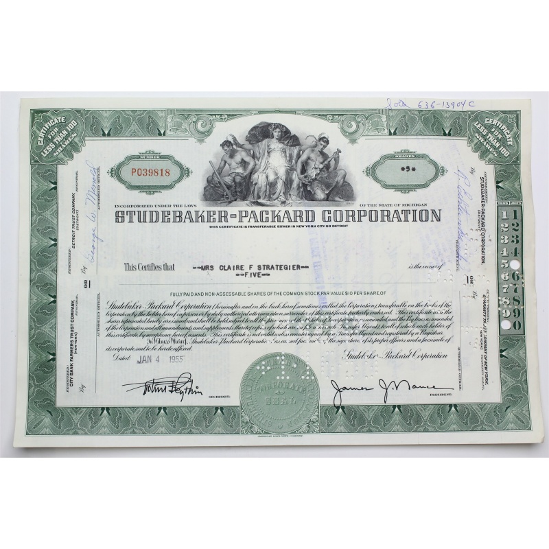 1955 Studebaker-Packard Corporation Stock Certificate - P039818 - 5 Shares