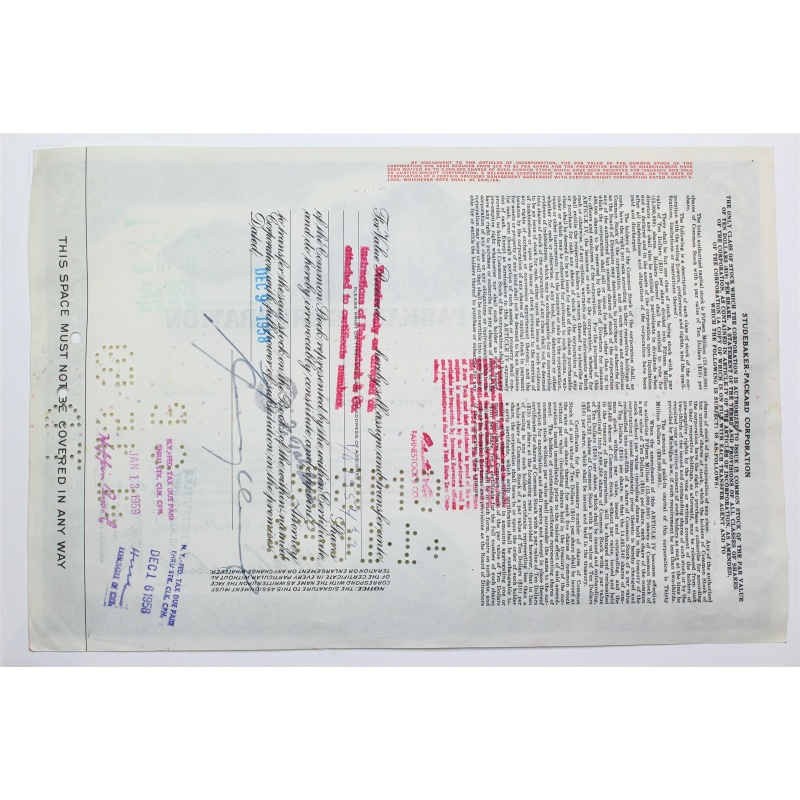 1958 Studebaker-Packard Corporation Stock Certificate - Y0139400 - 25 Shares