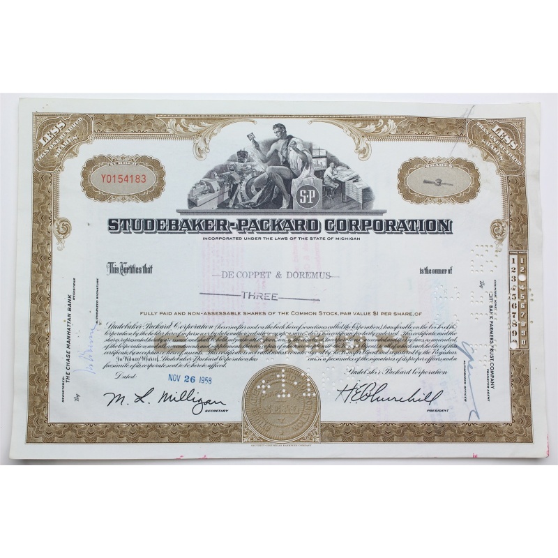 1958 Studebaker-Packard Corporation Stock Certificate - Y0154183 - 3 Shares