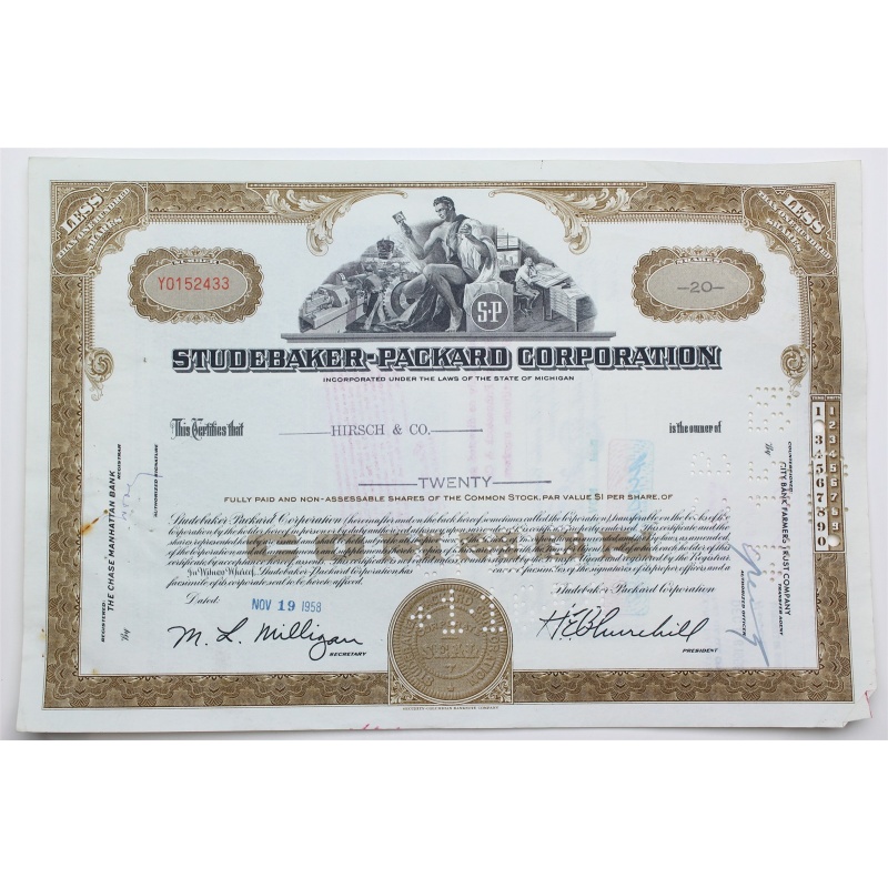 1958 Studebaker-Packard Corporation Stock Certificate - Y0152433 - 20 Shares