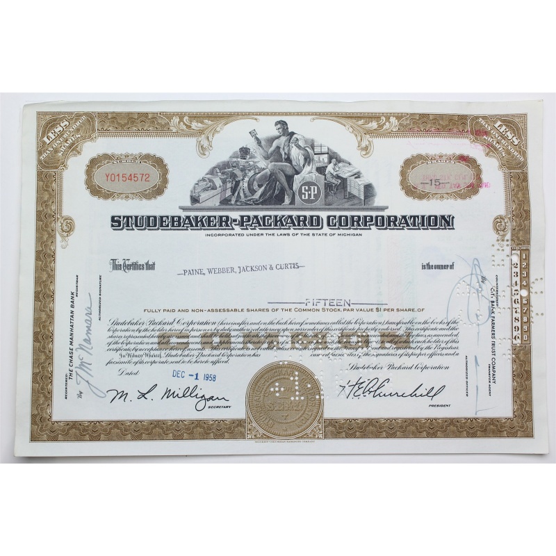1958 Studebaker-Packard Corporation Stock Certificate - Y0154572 - 15 Shares