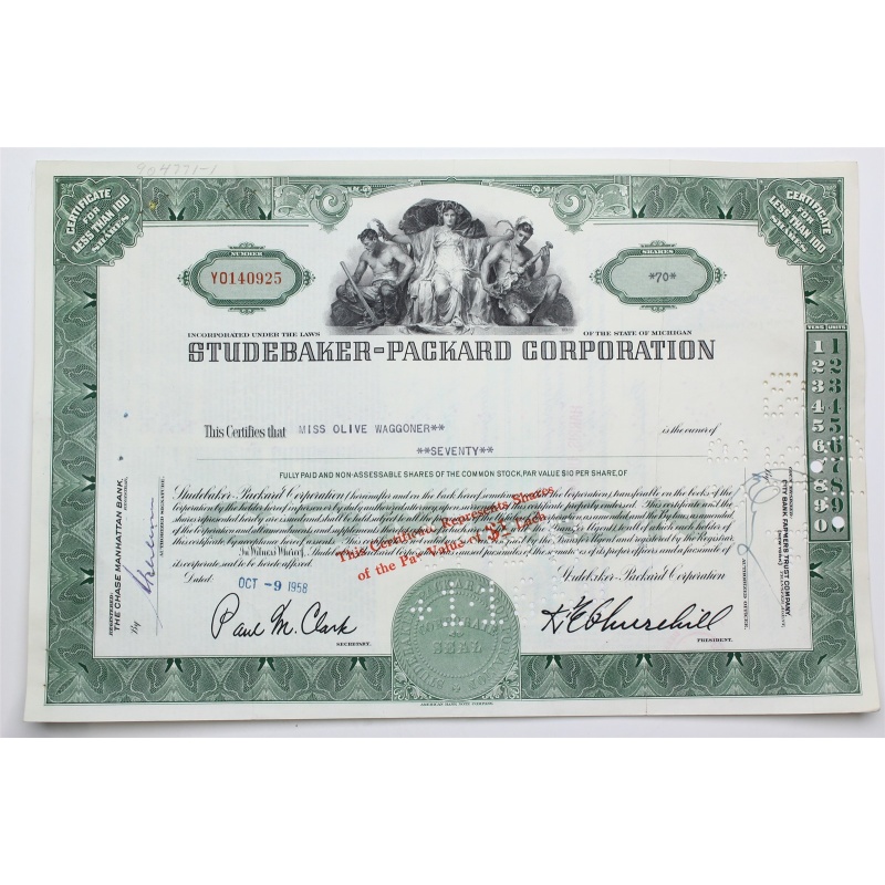1958 Studebaker-Packard Corporation Stock Certificate - Y0140925 - 70 Shares