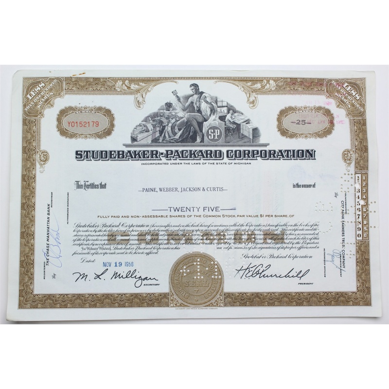 1958 Studebaker-Packard Corporation Stock Certificate - Y0152179 - 25 Shares