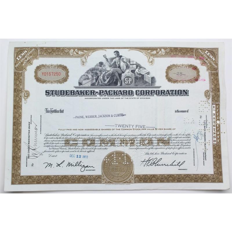 1958 Studebaker-Packard Corporation Stock Certificate - Y0157250 - 25 Shares