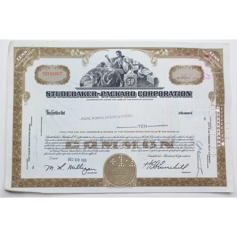 1958 Studebaker-Packard Corporation Stock Certificate - Y0156667 - 10 Shares