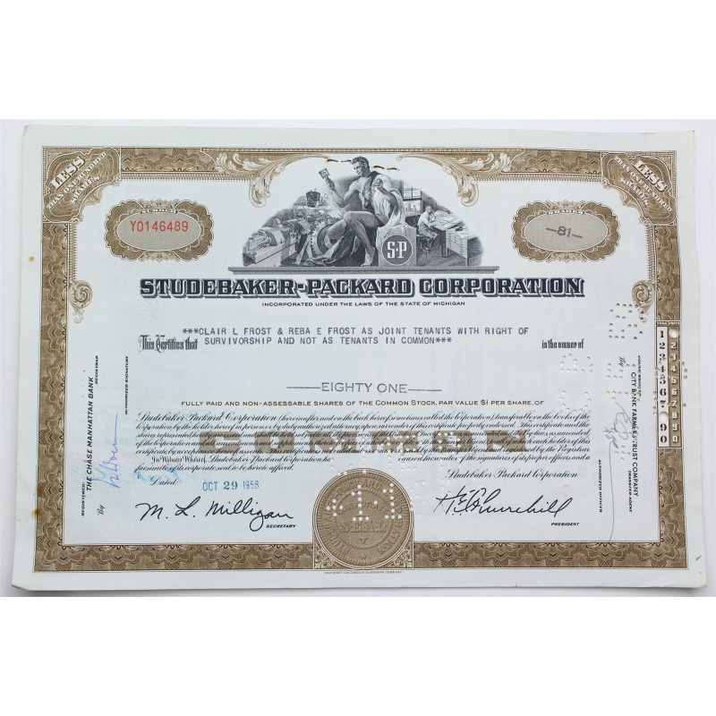 1958 Studebaker-Packard Corporation Stock Certificate - Y0146489 - 81 Shares