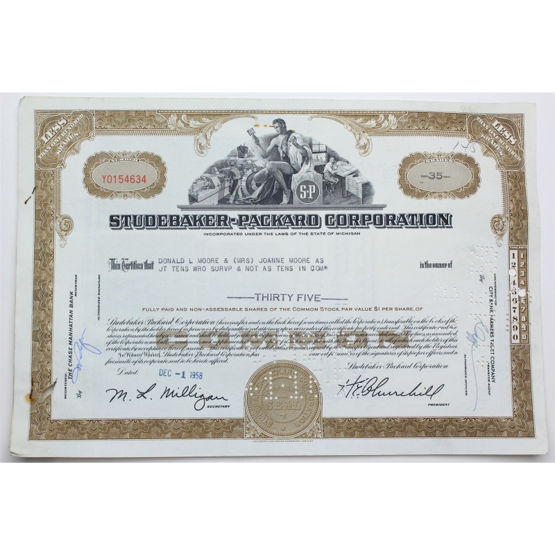 1958 Studebaker-Packard Corporation Stock Certificate - Y0154634 - 35 Shares