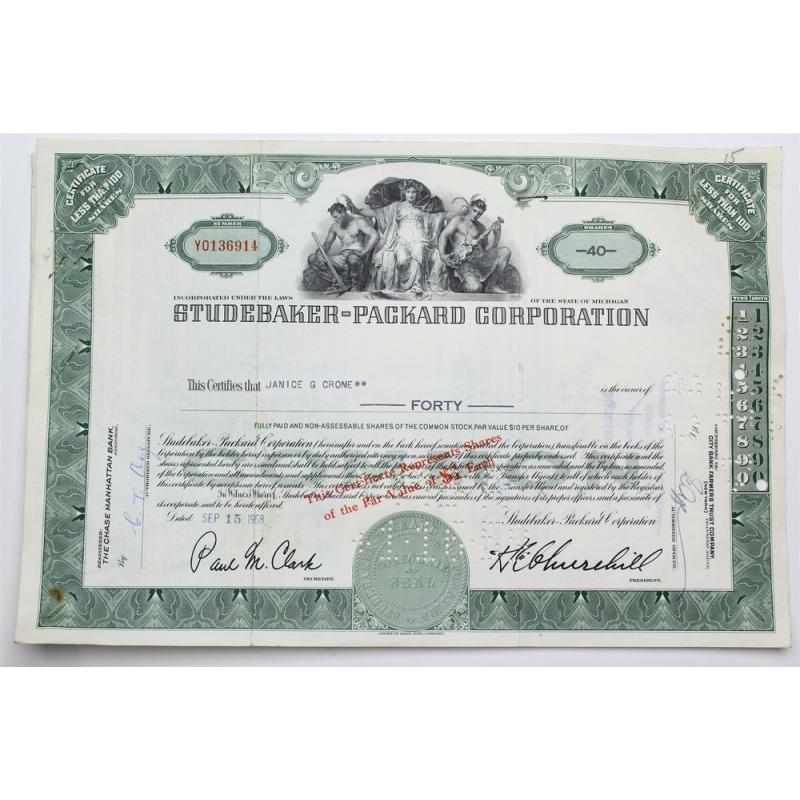 1958 Studebaker-Packard Corporation Stock Certificate - Y0136914 - 40 Shares
