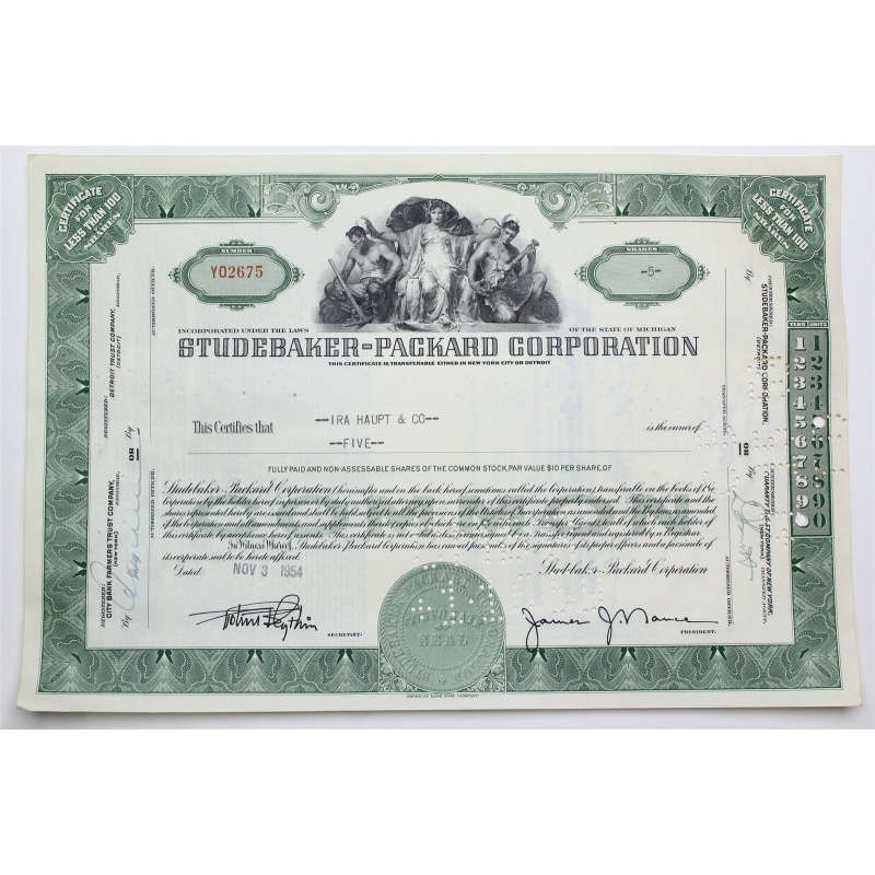 1954 Studebaker-Packard Corporation Stock Certificate - Y02675 - 5 Shares