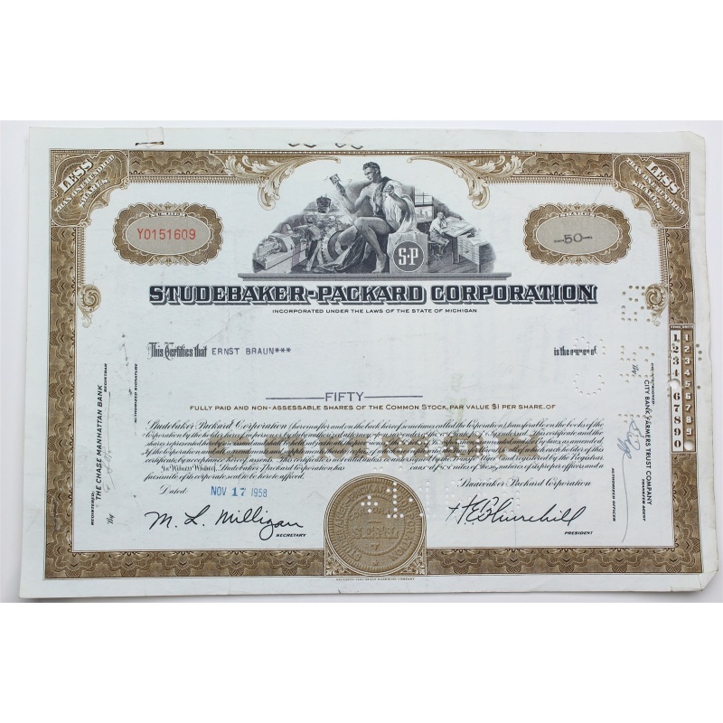 1958 Studebaker-Packard Corporation Stock Certificate - Y0151609 - 50 Shares