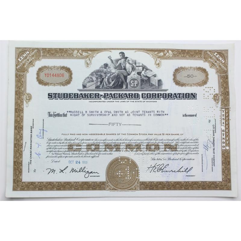 1958 Studebaker-Packard Corporation Stock Certificate - Y0144806 - 50 Shares