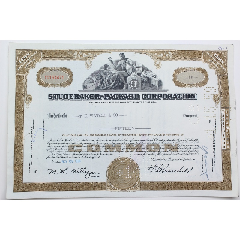 1958 Studebaker-Packard Corporation Stock Certificate - Y0154471 - 15 Shares