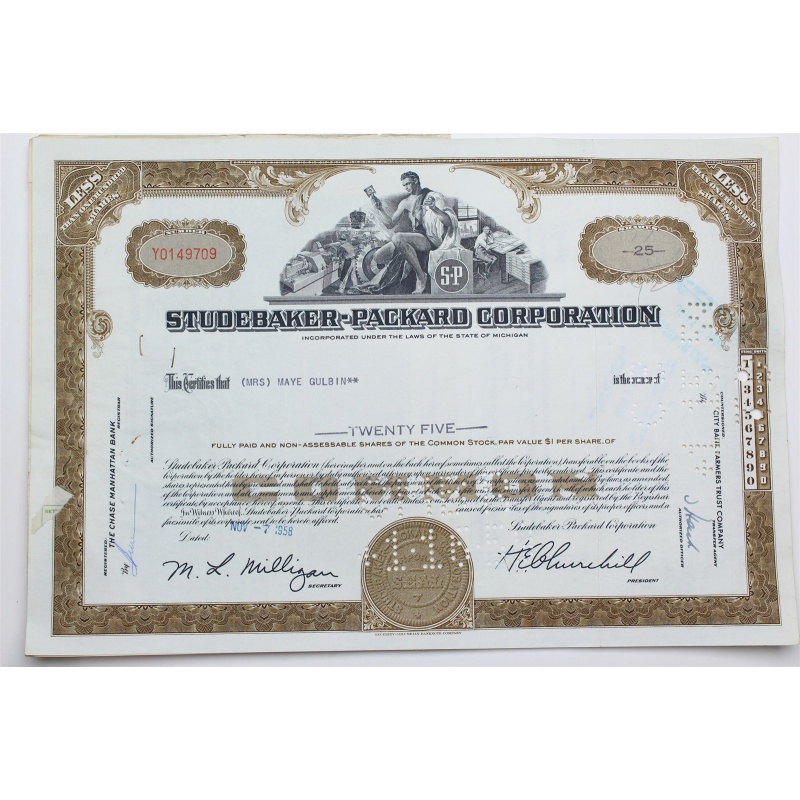 1958 Studebaker-Packard Corporation Stock Certificate - Y0149709 - 25 Shares