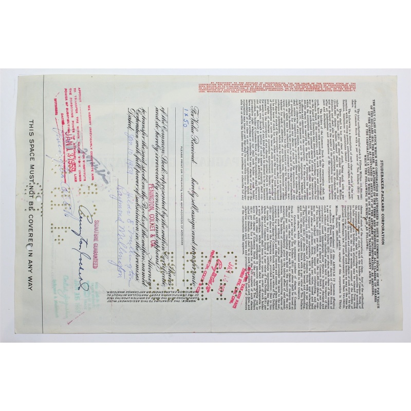 1958 Studebaker-Packard Corporation Stock Certificate - Y0130639 - 50 Shares