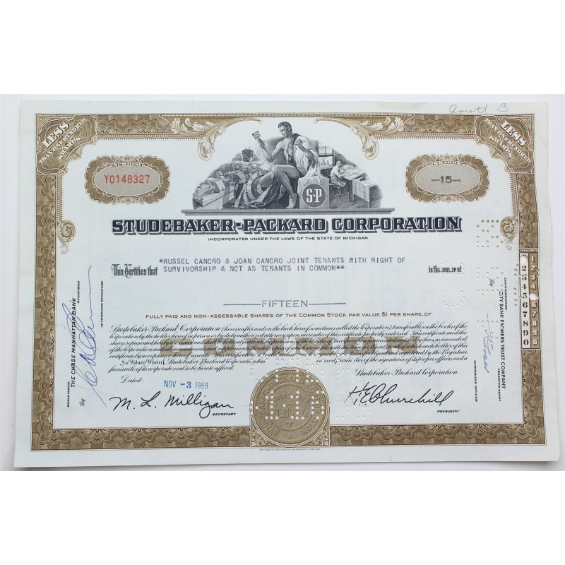 1958 Studebaker-Packard Corporation Stock Certificate - Y0148327 - 15 Shares