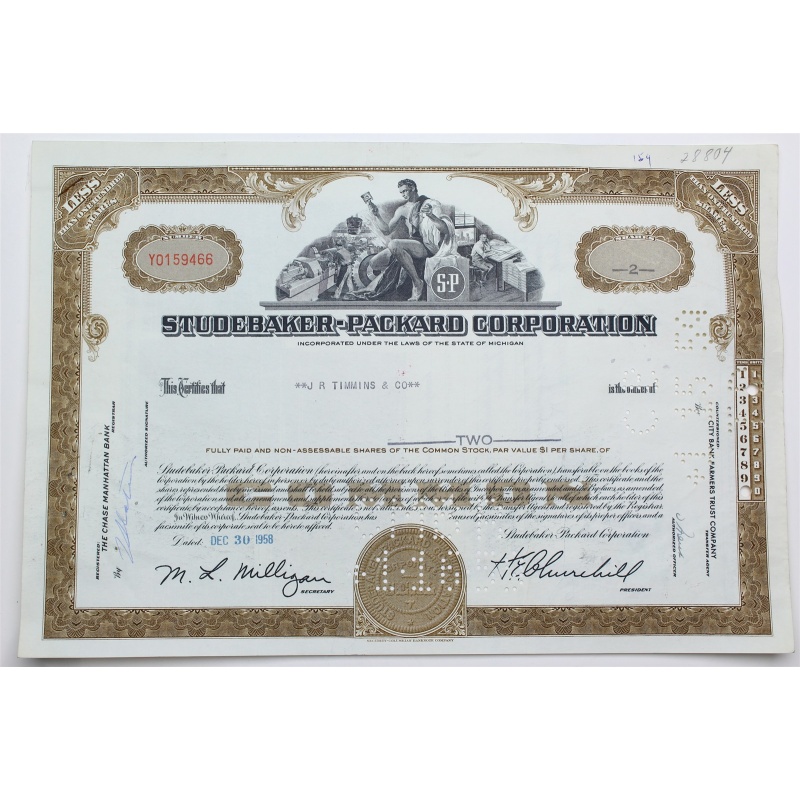 1958 Studebaker-Packard Corporation Stock Certificate - Y0159466 - 2 Shares