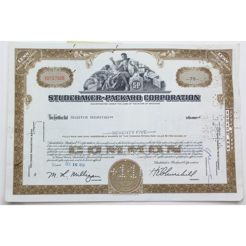1958 Studebaker-Packard Corporation Stock Certificate - Y0157926 - 75 Shares