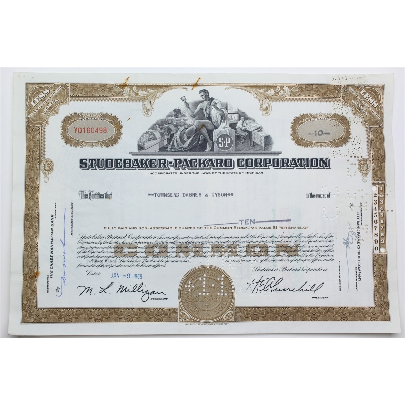 1959 Studebaker-Packard Corporation Stock Certificate - Y0160498 - 10 Shares