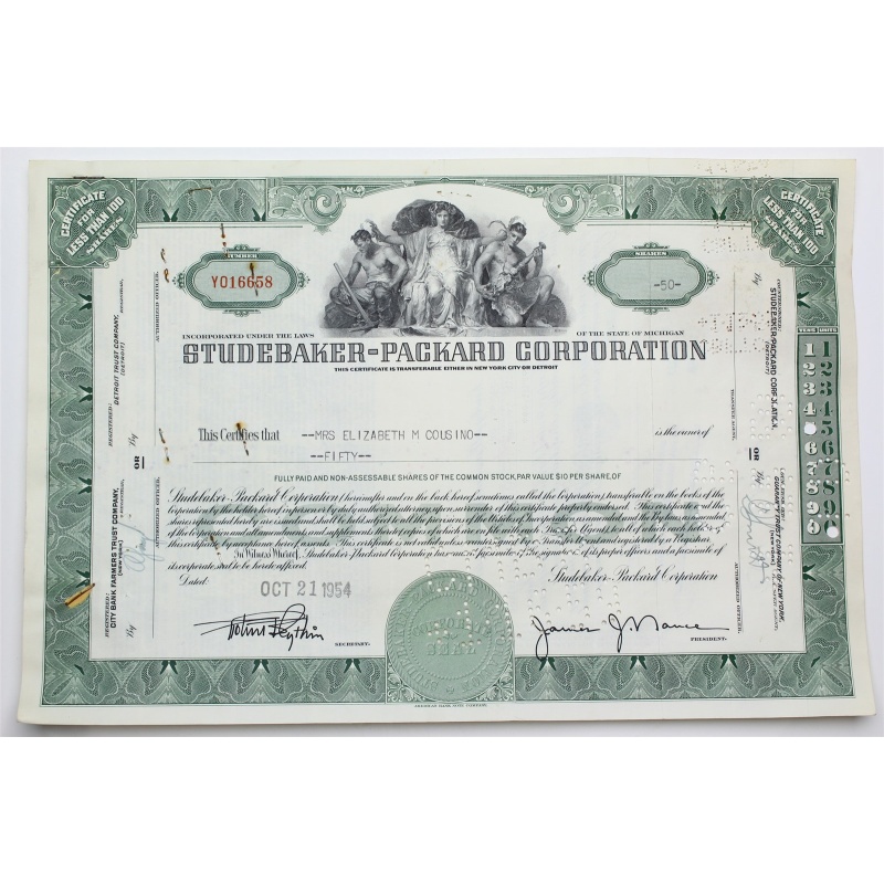 1954 Studebaker-Packard Corporation Stock Certificate - Y016658 - 50 Shares