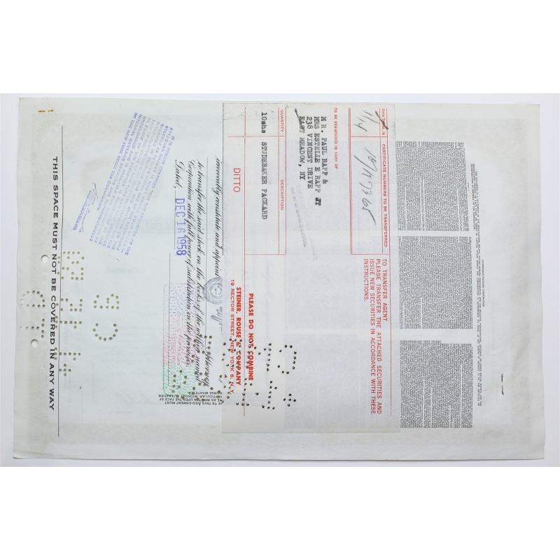 1958 Studebaker-Packard Corporation Stock Certificate - Y0157365 - 10 Shares