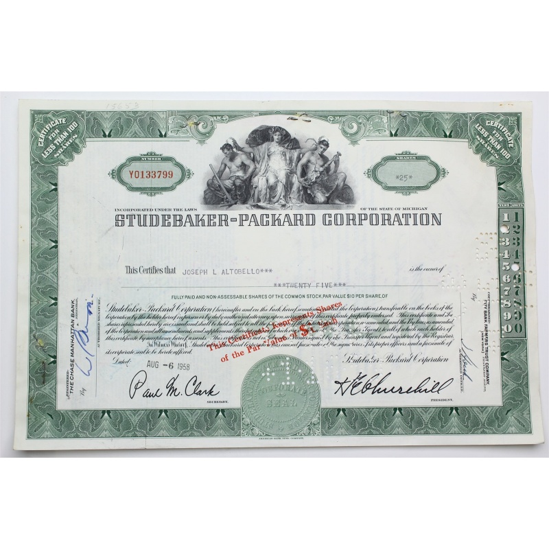1958 Studebaker-Packard Corporation Stock Certificate - Y0133799 - 25 Shares