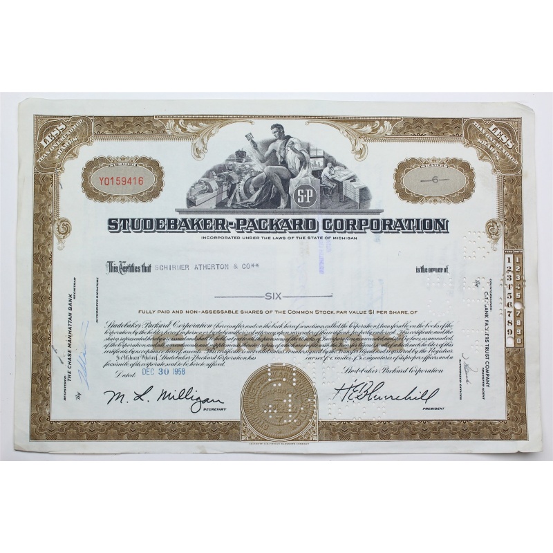 1958 Studebaker-Packard Corporation Stock Certificate - Y0159416 - 6 Shares