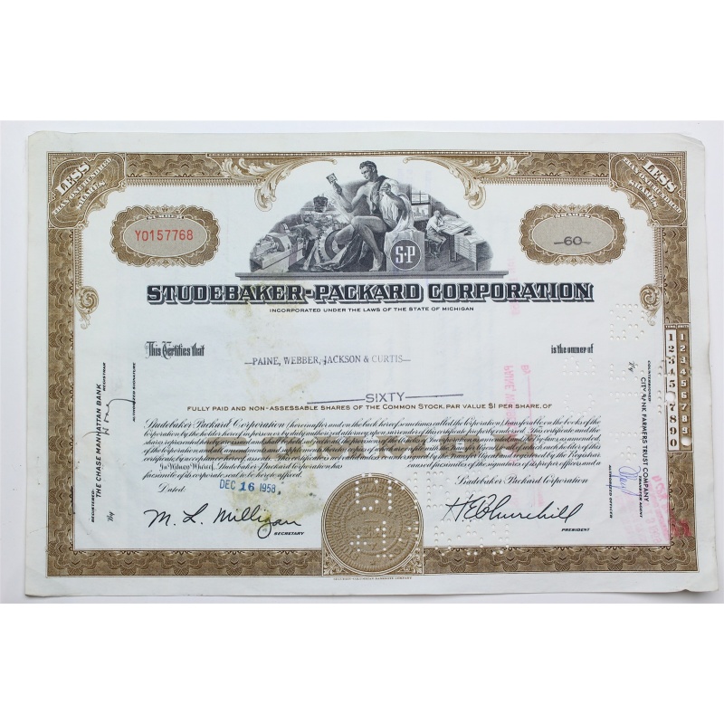 1958 Studebaker-Packard Corporation Stock Certificate - Y0157768 - 60 Shares
