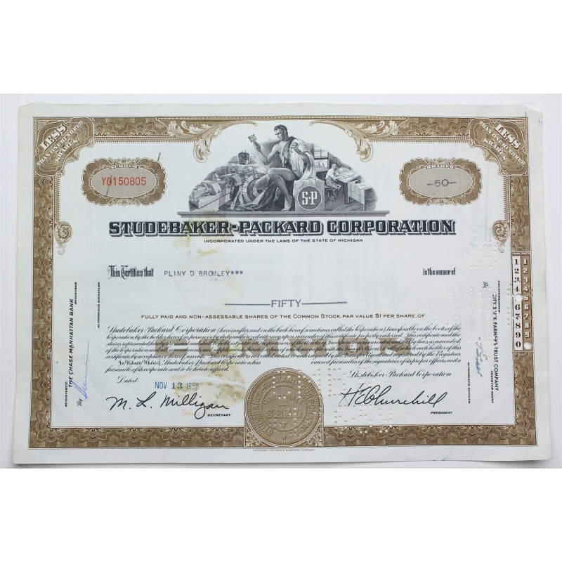 1958 Studebaker-Packard Corporation Stock Certificate - Y0150805 - 50 Shares