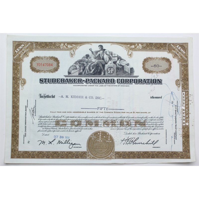 1958 Studebaker-Packard Corporation Stock Certificate - Y0147084 - 50 Shares