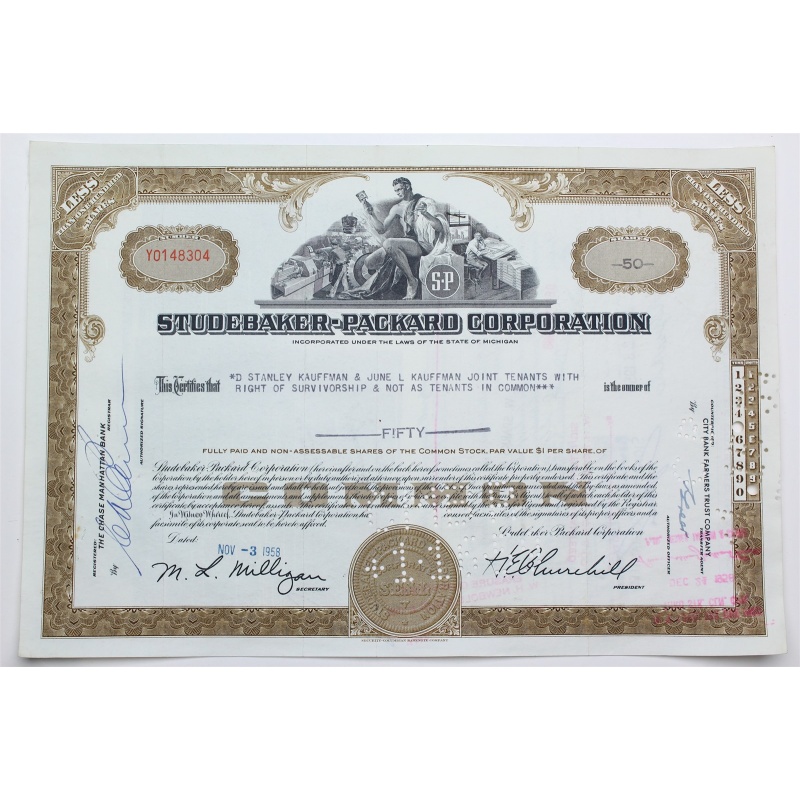 1958 Studebaker-Packard Corporation Stock Certificate - Y0148304 - 50 Shares