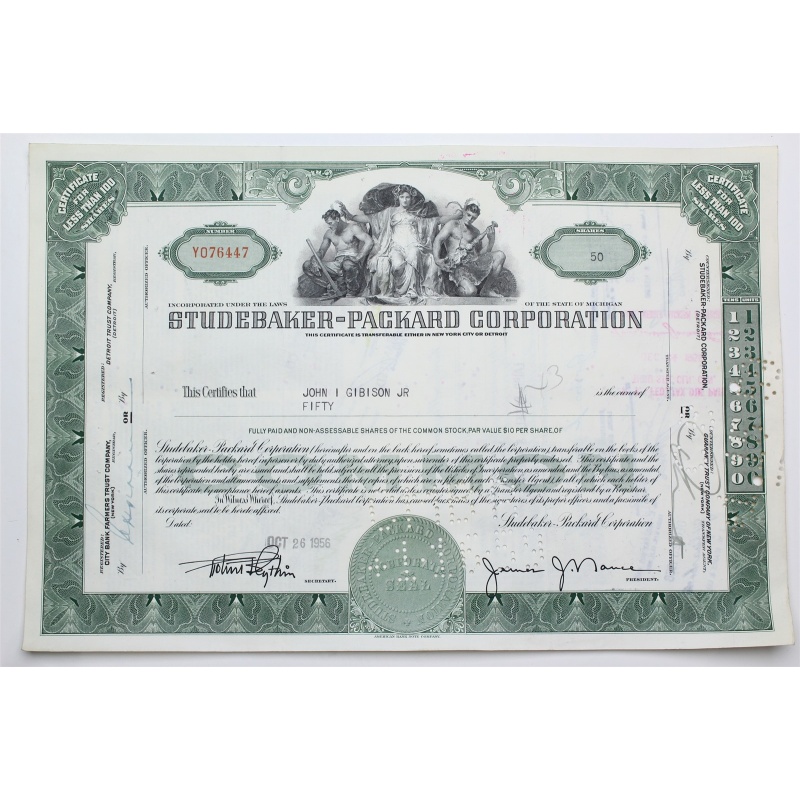1956 Studebaker-Packard Corporation Stock Certificate - Y076447 - 50 Shares
