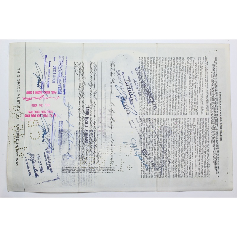 1956 Studebaker-Packard Corporation Stock Certificate - Y076447 - 50 Shares