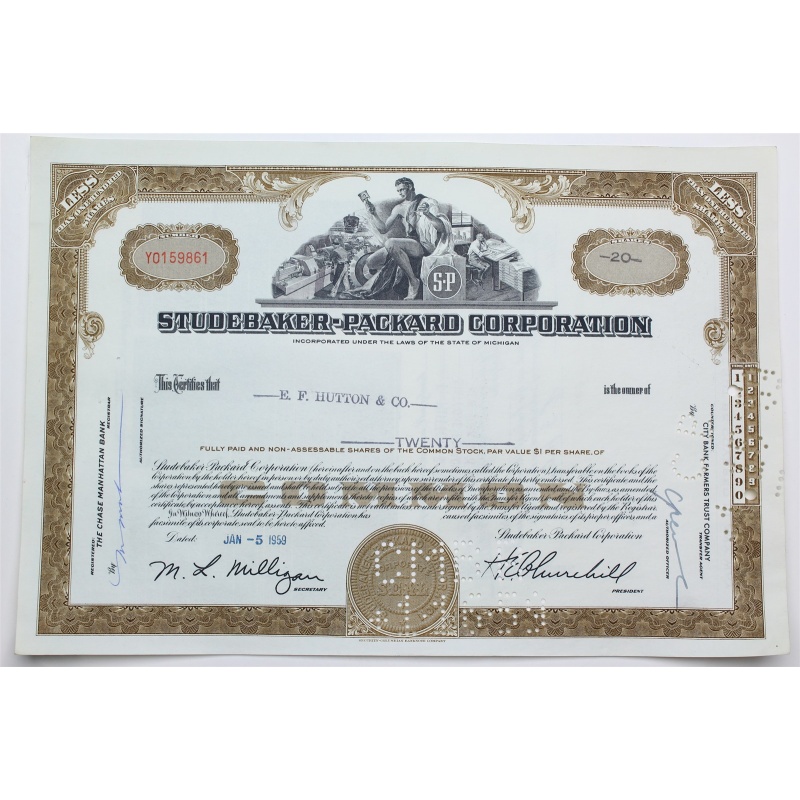 1959 Studebaker-Packard Corporation Stock Certificate - Y0159861 - 20 Shares